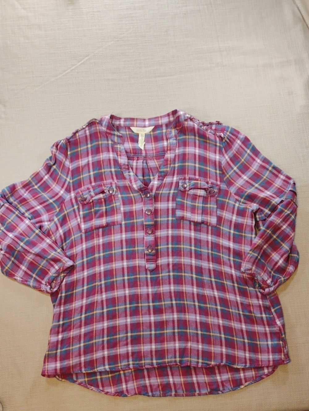 Women's XXL Matilda Jane Pink and Blue Plaid Henley Blouse